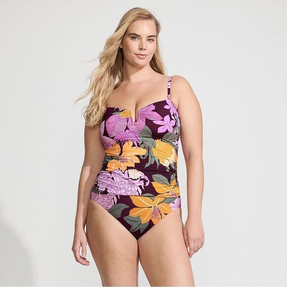 Land's End plus size slender suit U wire Bandeau dark wine multi floral Top Var - Picture 5 of 9